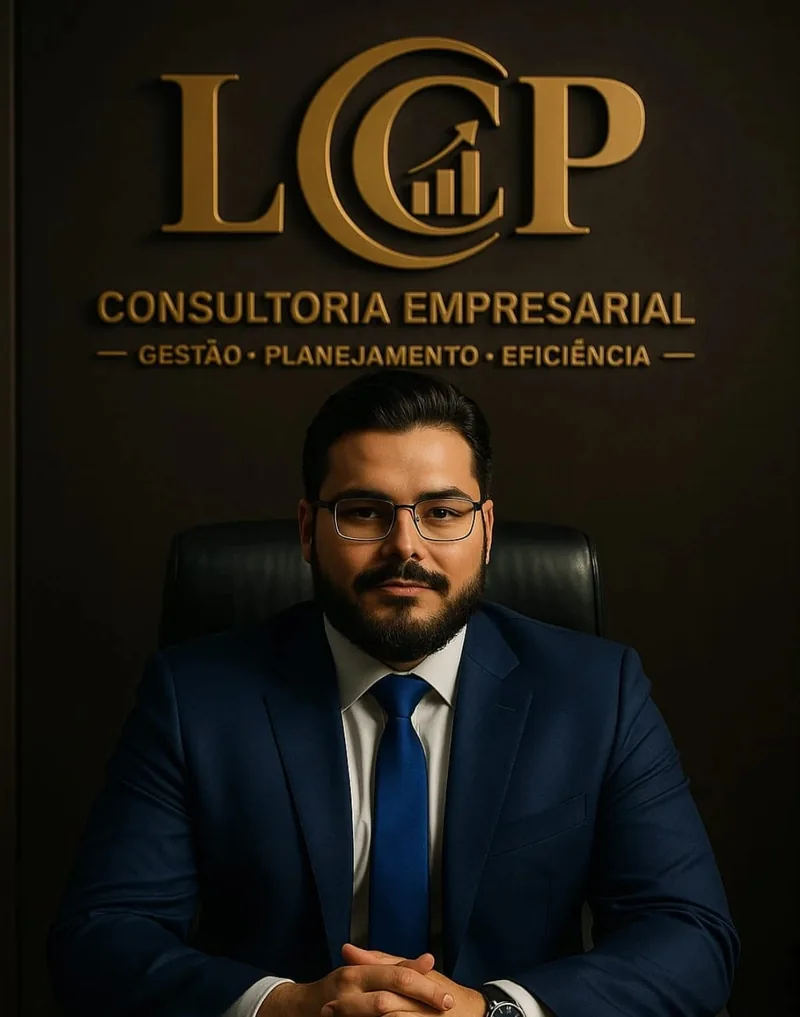 Lineo Campana, fundador da LCP, sentado em seu escritório sob o logotipo dourado da consultoria.